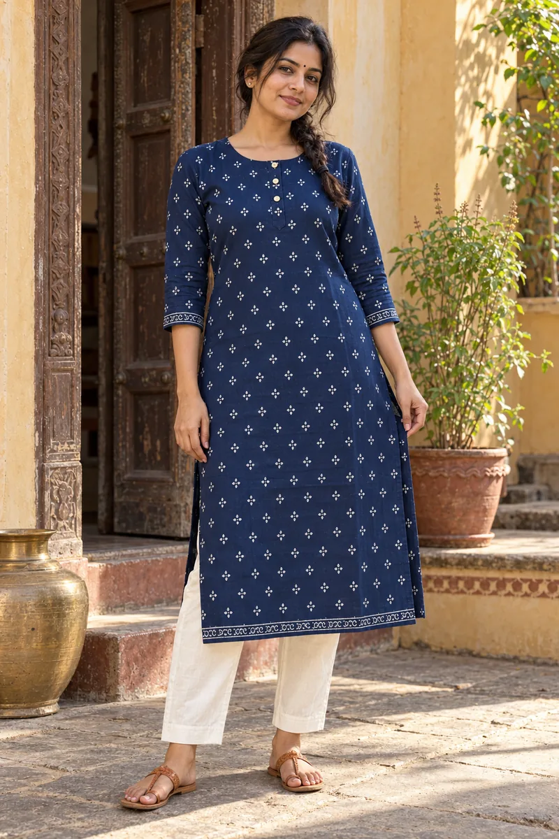 Indian woman in a sunlit courtyard beside a carved wooden door, wearing the indigo block-print kurta with off-white pants and tan kolhapuri sandals.