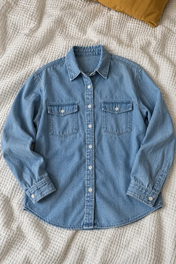 Light-wash denim shirt with white buttons and two flap chest pockets, laid flat on an off-white waffle blanket beside a mustard cushion.