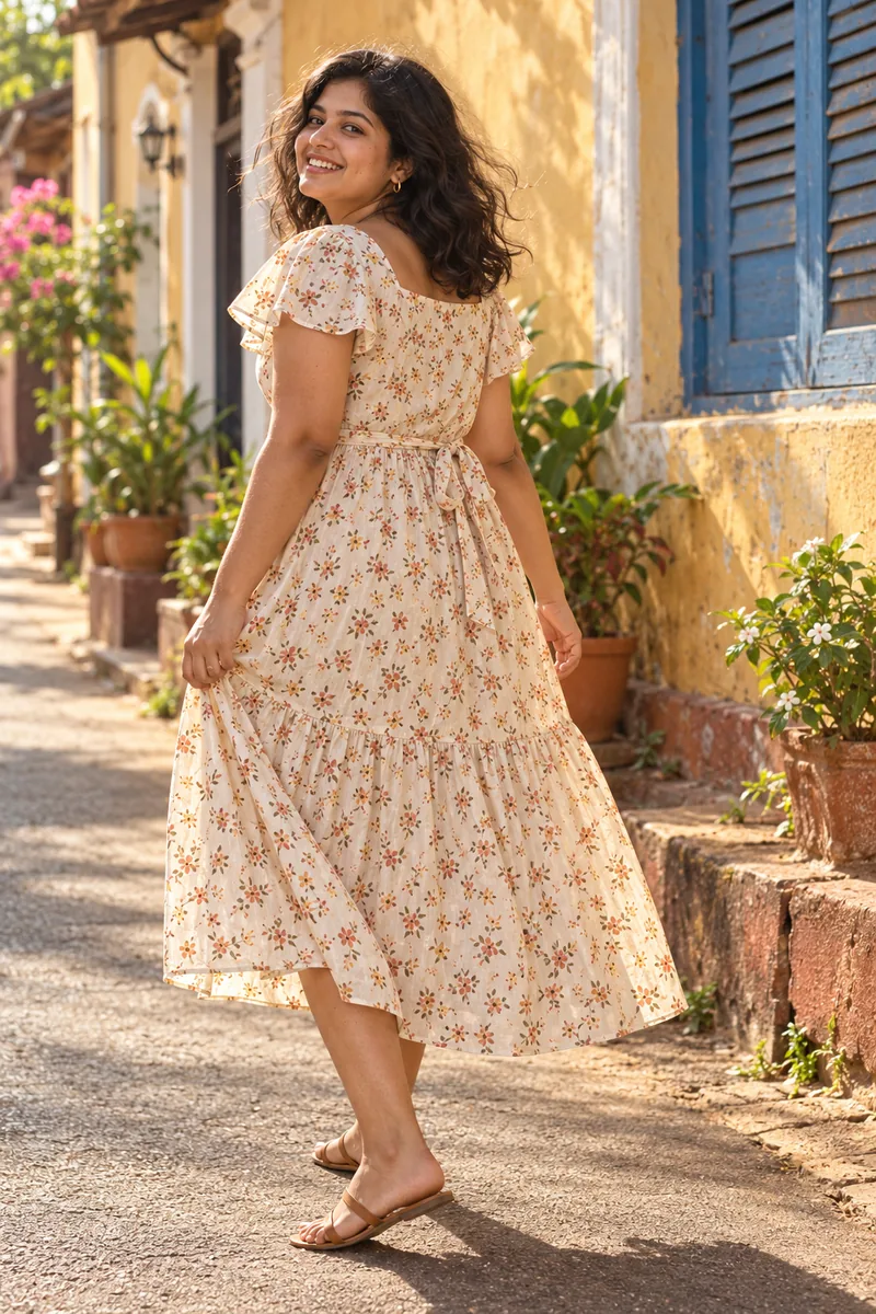 Smiling plus-size Indian woman turning back toward the camera on a sunny Goa lane, wearing the cream floral tiered midi dress with flutter sleeves.