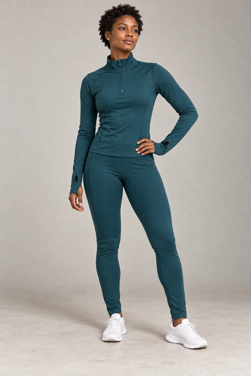 Woman standing in a grey photo studio, one hand on her hip, wearing the deep teal half-zip training top and matching full-length leggings.